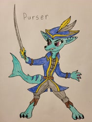 Size: 3024x4032 | Tagged: safe, artist:veprem, oc, oc only, oc:purser, original species, clothes, female, fish tail, pirate, seadog, solo, sword, tail, traditional art, weapon, webbed fingers