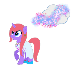 Size: 662x629 | Tagged: safe, artist:selenaede, artist:user15432, oc, oc only, oc:shimmer cloud, pony, unicorn, g4, base used, clothes, cloud, cutie mark, dress, dust, ear piercing, earring, high heels, horn, jewelry, necklace, piercing, pink mane, pink tail, purple coat, raised hoof, reference sheet, shoes, simple background, smiling, solo, sparkles, stars, tail, transparent background, white dress
