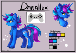 Size: 3000x2100 | Tagged: safe, alternate version, artist:yuris, oc, oc:darallex, pony, unicorn, commission, cutie mark, ears up, horn, male, reference, simple background, smiling, solo
