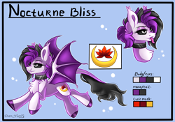 Size: 3000x2100 | Tagged: safe, alternate version, artist:yuris, oc, oc only, oc:nocturne bliss, bat pony, pony, bat pony oc, blue background, choker, commission, cutie mark, ears up, female, open mouth, simple background, smiling, solo