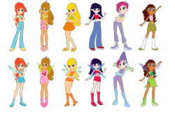 Size: 1960x1310 | Tagged: safe, artist:leahrow, artist:mak2020, artist:selenaede, fairy, human, equestria girls, g4, aisha, bare shoulders, base used, belly button, bloom (winx club), blue wings, bodysuit, boots, bracelet, clothes, crossed arms, crossover, crown, dress, ear piercing, earring, equestria girls style, equestria girls-ified, fairies, fairies are magic, fairy wings, fingerless gloves, flora (winx club), gloves, green wings, hand on hip, headband, headphones, high heel boots, high heels, jewelry, layla, looking at you, magic winx, musa, necklace, open mouth, open smile, pants, piercing, pink dress, red dress, regalia, sandals, shirt, shoes, shorts, simple background, skirt, smiling, sneakers, sparkly wings, stella (winx club), strapless, tank top, tecna, transparent background, wings, winx, winx club
