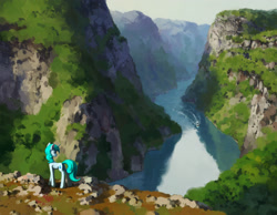 Size: 2325x1800 | Tagged: safe, artist:koviry, oc, oc only, pony, unicorn, blue mane, blue tail, commission, curly mane, curly tail, day, detailed background, horn, long legs, long mane, long tail, mint coat, nature, outdoors, scenery, scenery focus, scenery porn, solo, standing, tail, teal mane, teal tail, unicorn oc, valley