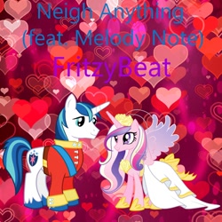 Size: 900x900 | Tagged: safe, artist:fritzybeat, artist:user15432, princess cadance, shining armor, alicorn, pony, unicorn, neigh anything, album, album cover, clothes, colored wings, dress, female, gradient wings, heart, heart background, horn, looking at each other, looking at someone, male, mare, pink background, ship:shiningcadance, shipping, simple background, smiling, stallion, straight, tuxedo, uniform, wedding dress, wedding tuxedo, wings