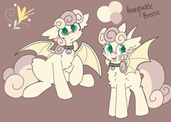 Size: 2800x2000 | Tagged: safe, artist:puppie, oc, oc only, oc:honeysuckle breeze, bat pony, pony, bat pony oc, bell, bell collar, blushing, collar, cute, reference sheet, simple background, spread wings, wingding eyes, wings