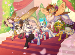 Size: 4000x2911 | Tagged: safe, artist:helemaranth, oc, oc only, oc:chel silktail, oc:echo trot, oc:eldorada, oc:ira, oc:season's greetings, oc:yiazmat, draconequus, kirin, pony, robot, robot pony, unicorn, clothes, couple, draconequus oc, dress, female, flower, flower in hair, hooves, horn, horns, husband and wife, husband and wives, jewelry, kirin oc, male, marriage, necklace, paws, polyamory, polygamy, ship:echomat, ship:irazmat, ship:yiaztail, shipping, spread wings, suit, tail, talons, tiara, unicorn oc, wedding, wedding dress, wings, yiarada, yiaztail
