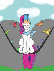 Size: 2394x3144 | Tagged: safe, artist:supahdonarudo, queen novo, bird, classical hippogriff, hippogriff, behaving like a bird, cloud, eyes closed, hippogriffs doing bird things, mountain, power line, sitting, tree