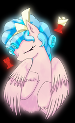 Size: 1100x1798 | Tagged: safe, artist:ohnancy, cozy glow, pegasus, pony, black background, bust, eyes closed, female, filly, foal, portrait, rook, simple background, solo