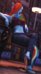 Size: 2160x3840 | Tagged: safe, artist:artempredator, rainbow dash, pegasus, anthro, plantigrade anthro, g4, 3d, armpits, barefoot, bedroom eyes, belly button, bench, blender, breasts, busty rainbow dash, clothes, commission, crossed legs, curled toes, denim, feet, female, fingernails, flip-flops, jeans, looking at you, midriff, nail polish, nails, not sfm, offscreen character, outdoors, pants, pockets, relaxing, sandals, short shirt, sitting, sleeveless, smiling, smiling at you, solo, streetlight, toenail polish, toenails, toes