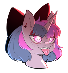 Size: 1089x1177 | Tagged: safe, artist:cold-blooded-twilight, twilight sparkle, oc, oc:lilith, cold blooded twilight, g4, bow, eyeshadow, fangs, freckles, glowing, glowing eyes, makeup, piercing, simple background, tongue out, transparent background