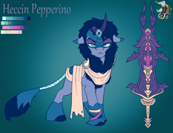 Size: 1566x1200 | Tagged: safe, artist:brainiac, oc, oc only, oc:heccin pepperino, kirin, clothes, female, gradient background, kirin oc, mare, redesign, reference sheet, solo, sword, weapon