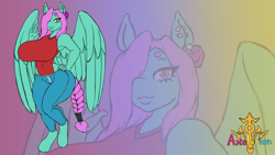 Size: 1920x1080 | Tagged: safe, artist:axelarion, oc, oc only, oc:heart's eye, pegasus, pony, anthro, anthro oc, big breasts, braid, braided tail, breasts, clothes, colored, denim, ear piercing, earring, gradient background, gravity-defying breasts, hair over one eye, hand, hand on hip, hooves, huge breasts, impossibly large breasts, jeans, jewelry, lips, long hair, pants, peace sign, piercing, signature, solo, standing, tail, wallpaper, watermark, wide hips, wings