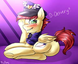 Size: 926x768 | Tagged: safe, artist:mixipony, care package, special delivery, pegasus, pony, g4, blushing, butt, clothes, embarrassed, hat, lying down, mailpony, mailpony uniform, male, plot, solo, stallion
