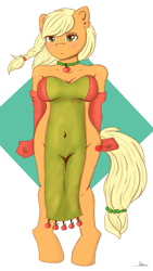 Size: 1125x2000 | Tagged: safe, artist:shypuppy, applejack, earth pony, anthro, unguligrade anthro, g4, belly button, blushing, breasts, busty applejack, clothes, dress, gloves, jewelry, side slit, simple background, solo, total sideslit