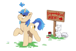 Size: 2400x1600 | Tagged: safe, artist:miramore, oc, butterfly, pony, unicorn, wolf, 2024, adhd, cute, distracted, grass, horn, paint, paintbrush, sign, signature, simple background, solo, white background
