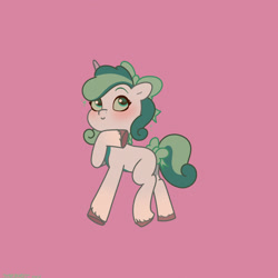 Size: 2480x2480 | Tagged: safe, artist:starburstuwu, screencap, oc, oc only, oc:prixy, pony, unicorn, blushing, bow, female, hair bow, high res, hoof on chin, horn, looking up, mare, purple background, simple background, solo, tail, tail bow, unshorn fetlocks