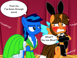 Size: 1024x768 | Tagged: safe, artist:bluemario11, oc, oc only, oc:blue thunder, oc:ej, pony, g4, bunny suit, clothes, duo, embarrassed, male, stage, stallion