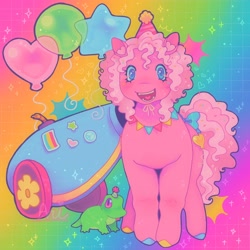 Size: 2800x2800 | Tagged: safe, artist:ariariari.png, gummy, pinkie pie, alligator, earth pony, pony, g4, alternate color palette, alternate design, cannon, cute, diapinkes, duo, gradient background, looking at you, pansexual pride flag, party cannon, pride, pride flag, rainbow background, smiling, smiling at you