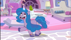 Size: 1287x720 | Tagged: safe, screencap, izzy moonbow, pony, unicorn, firework-ing together, g5, my little pony: tell your tale, spoiler:g5, spoiler:my little pony: tell your tale, spoiler:tyts01e42, bracelet, couch, crystal brighthouse, cute, dizzy, dizzy izzy, dizzy moonbow, female, friendship bracelet, glowing, glowing horn, horn, izzybetes, jewelry, lamp, living room, mare, open mouth, pillow, plant, swirly eyes