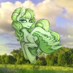Size: 1280x1280 | Tagged: safe, artist:wainnee, oc, oc only, pegasus, commission, flying, forest, looking at you, nature, real life background, solo, thin, tree, ych result