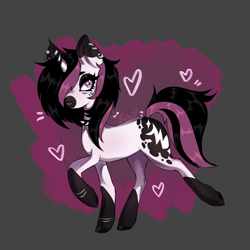 Size: 2048x2048 | Tagged: safe, artist:toxikil, oc, oc only, oc:blitz chord, pony, unicorn, bracelet, choker, coat markings, cute, ear piercing, earring, emo, eyelashes, female, goth, horn, horn ring, jewelry, makeup, music notes, nose rings, piercing, pose, ring, scene, shiny hooves, simple background, socks (coat markings), solo, spiked choker, spots, wingding eyes