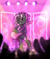 Size: 1094x1280 | Tagged: safe, artist:wainnee, oc, oc only, oc:bronyka, pony, unicorn, bipedal, cheek fluff, female, guitar, horn, jewelry, mare, musical instrument, necklace, solo, spotlight, stage