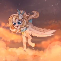 Size: 1278x1280 | Tagged: safe, artist:wainnee, oc, oc only, pegasus, pony, bell, bell collar, bow, cloud, collar, flying, solo, tail, tail bow
