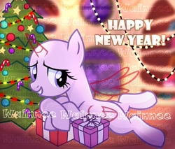 Size: 1280x1089 | Tagged: safe, artist:wainnee, oc, oc only, alicorn, earth pony, pony, unicorn, candy, candy cane, christmas, christmas tree, commission, food, holiday, horn, obtrusive watermark, present, solo, tree, watermark, your character here