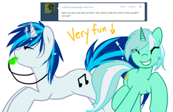Size: 1080x700 | Tagged: safe, artist:azure-doodle, dj pon-3, lyra heartstrings, vinyl scratch, pony, sexually confused lyra, whistle