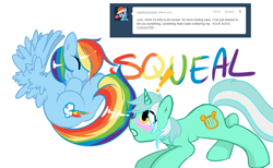 Size: 1280x788 | Tagged: safe, artist:azure-doodle, lyra heartstrings, rainbow dash, pony, g4, blushing, sexually confused lyra, simple background, white background