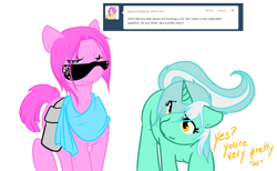 Size: 1280x788 | Tagged: safe, artist:azure-doodle, lyra heartstrings, oc, oc:james hairspray, pony, g4, sexually confused lyra, simple background, sunglasses, white background