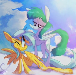 Size: 1500x1480 | Tagged: safe, artist:chortzykit, spring melody, sprinkle medley, sunshower raindrops, pegasus, pony, g4, cloud, concave belly, duo, duo female, female, on a cloud, sky, standing on a cloud, thin