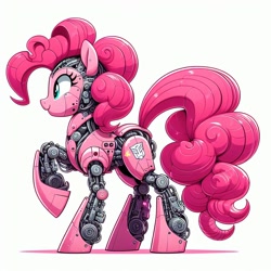 Size: 1024x1024 | Tagged: safe, ai assisted, ai content, editor:giantpony, generator:bing image creator, generator:dall-e 3, prompter:giantpony, pinkie pie, cybertronian, earth pony, pony, robot, robot pony, g4, amalgamation, augmented, autobot, concave belly, cute, diapinkes, female, implied fusion, mashup, pinkamena diane pie, pinkie bot, pinkie pie hair, robotic, roboticization, solo, transformerfied, transformers
