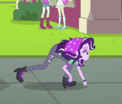 Size: 338x288 | Tagged: safe, screencap, starlight glimmer, human, equestria girls, equestria girls specials, g4, mirror magic, animated, beanie, clothes, equestria girls-ified, female, gif, hat, walking