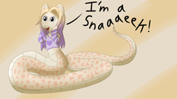 Size: 3840x2160 | Tagged: safe, artist:solarcis, oc, oc only, oc:sunnybean, lamia, original species, abstract background, clothes, dialogue, happy, human shoulders, im a snake, long hair, meme, ponified meme, shirt, solo, two toned hair