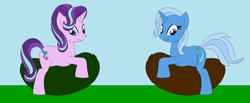 Size: 1651x682 | Tagged: safe, artist:marybethemberjoy49-1, starlight glimmer, trixie, unicorn, g4, balloon, balloon riding, duo, duo female, female, horn, riding, that pony sure does love balloons