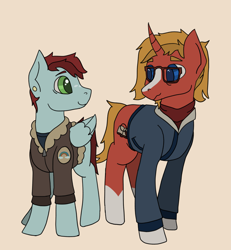 Size: 2963x3210 | Tagged: safe, artist:owslafa, oc, oc only, oc:heartsease, oc:triage, pegasus, unicorn, brown background, duo, horn, simple background