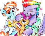 Size: 1982x1596 | Tagged: safe, artist:liaaqila, bow hothoof, scootaloo, windy whistles, pegasus, pony, ^^, adopted, adopted daughter, adopted offspring, bowabetes, commission, cute, cutealoo, emanata, eyes closed, father and child, father and daughter, female, grin, heart, hoof on head, hug, male, mother and child, mother and daughter, one eye closed, ruffles, scootadoption, scootalove, simple background, smiling, sweet dreams fuel, traditional art, trio, white background, wholesome, windybetes