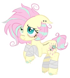 Size: 611x676 | Tagged: safe, artist:chortzykit, fluttershy, pegasus, pony, g4, alternate cutie mark, alternate design, bags under eyes, bandage, ear piercing, heterochromia, piercing, redesign, simple background, solo, white background, wingless