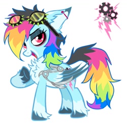 Size: 899x889 | Tagged: safe, artist:chortzykit, rainbow dash, pegasus, pony, g4, alternate color palette, alternate cutie mark, alternate design, chest fluff, coat markings, countershading, ear piercing, goggles, goggles on head, piercing, redesign, simple background, socks (coat markings), solo, unshorn fetlocks, white background