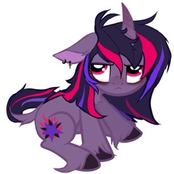 Size: 999x1005 | Tagged: safe, artist:chortzykit, twilight sparkle, pony, unicorn, g4, alternate color palette, alternate cutie mark, alternate eye color, alternate hairstyle, alternate tailstyle, bags under eyes, chest fluff, colored hooves, colored pinnae, curved horn, ear fluff, ear piercing, earring, floppy ears, gradient horn, grumpy, grumpy twilight, horn, jewelry, leonine tail, piercing, simple background, solo, tail, unicorn horn, unicorn twilight, unshorn fetlocks, white background