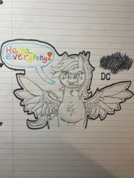Size: 3024x4032 | Tagged: safe, artist:snapple_bloom, rainbow dash, pegasus, pony, g4, chest fluff, female, front view, introduction, lined paper, looking at you, mare, outline, smiling, smiling at you, smirk, solo, speech bubble, spread wings, tail, traditional art, wings