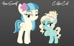 Size: 1920x1215 | Tagged: safe, artist:bearmation, oc, oc only, oc:aria sonnet, oc:curtain call, earth pony, pegasus, pony, duo, duo female, female, filly, flower, flower in hair, foal, gradient background, grin, lidded eyes, looking at you, name, offspring, parent:coco pommel, parent:zephyr breeze, parents:cocobreeze, siblings, sisters, smiling, smiling at you