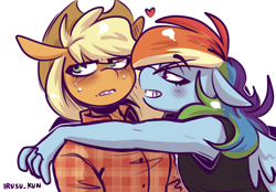 Size: 2048x1423 | Tagged: safe, artist:lrusu, applejack, rainbow dash, earth pony, pegasus, anthro, g4, applejack's hat, bedroom eyes, blushing, cowboy hat, duo, duo female, eye clipping through hair, eyebrows, eyebrows visible through hair, female, floppy ears, hand on shoulder, hat, heart, lesbian, ship:appledash, shipping, signature, simple background, sweat, white background, wings