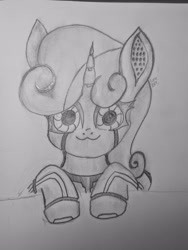 Size: 3072x4080 | Tagged: safe, artist:moonlightrift, sweetie belle, pony, robot, robot pony, unicorn, g4, :3, cute, diasweetes, female, horn, peeking, simple background, solo, sweetie bot, thousand yard stare, traditional art