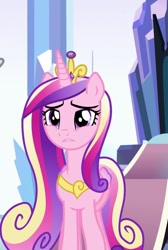 Size: 725x1080 | Tagged: safe, screencap, princess cadance, alicorn, pony, g4, season 9, the beginning of the end, colored wings, cropped, crown, curly hair, curly mane, curly tail, female, folded wings, gradient wings, jewelry, mare, multicolored hair, multicolored mane, multicolored tail, peytral, pink body, pink coat, pink fur, pink hair, pink mane, pink pony, pink tail, pink wings, purple eyes, purple hair, purple mane, purple tail, purple wings, regalia, solo, tail, tri-color hair, tri-color mane, tri-color tail, tri-colored hair, tri-colored mane, tri-colored tail, tricolor hair, tricolor mane, tricolor tail, tricolored hair, tricolored mane, tricolored tail, wings, worried, yellow hair, yellow mane, yellow tail