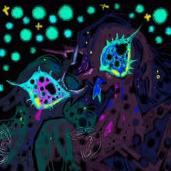 Size: 4000x4000 | Tagged: safe, artist:larvaecandy, queen chrysalis, changeling, changeling queen, pony, g4, abstract background, absurd resolution, alternate color palette, alternate design, alternate eye color, big eyes, black coat, blue mane, colored eyelashes, crying, duality, eyelashes, fangs, female, floppy ears, long mane, looking at each other, looking at someone, mare, multicolored eyes, open mouth, profile, purple coat, rearing, self paradox, self ponidox, sharp teeth, sparkles, spread wings, straight mane, stylized, teardrop, teeth, transparent wings, trypophobia, unusual pupils, wingding eyes, wings