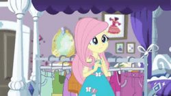 Size: 720x405 | Tagged: safe, screencap, fluttershy, rarity, human, costume conundrum, costume conundrum: rarity, equestria girls, g4, my little pony equestria girls: better together, animated, female, fluttershy boho dress, geode of fauna, geode of shielding, gif, glasses, magical geodes, measuring tape, rarity peplum dress, rarity's bedroom, rarity's glasses, speed up