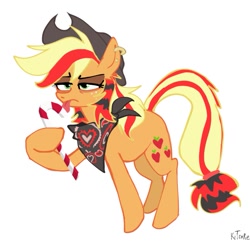 Size: 1003x969 | Tagged: safe, artist:chortzykit, applejack, earth pony, pony, g4, alternate design, bandana, candy, candy cane, coontails, ear piercing, earring, food, jewelry, piercing, scenecore, simple background, solo, white background