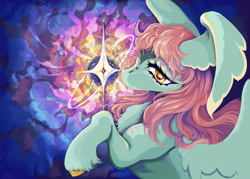 Size: 2100x1500 | Tagged: safe, artist:slimeprints, oc, oc only, oc:searchlight, pegasus, pony, solo, space, stars, wing ears, wingding eyes, wings