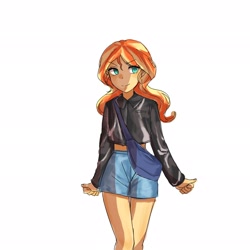 Size: 2048x2048 | Tagged: safe, artist:sugarcube269, sunset shimmer, human, equestria girls, g4, 2d, clothes, female, jacket, leather, leather jacket, legs, long sleeves, midriff, shorts, simple background, smiling, solo, white background